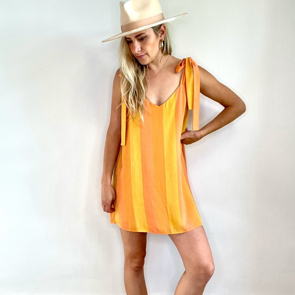 Show Me Your MuMu Yellow and Orange Striped Tie-Shoulder Mini Dress